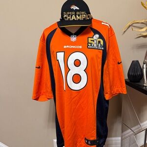 NFL Orange Broncos Manning Super Bowl 50 Jersey Size XL and Cap pre-owned.